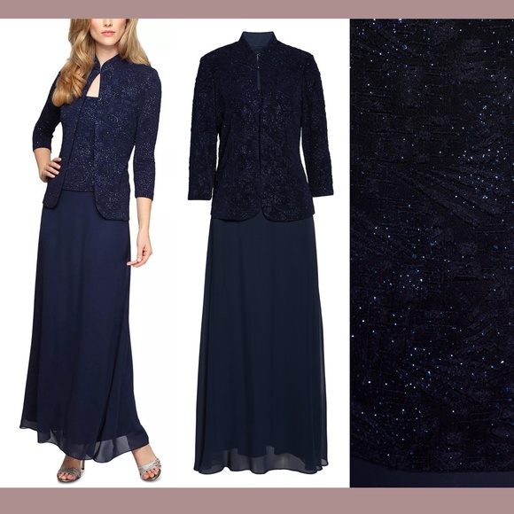 NWT $209 Alex Evenings [ 10 ] Sequin Mock Gown with Jacket in Navy Blue‎ - Picture 3 of 13